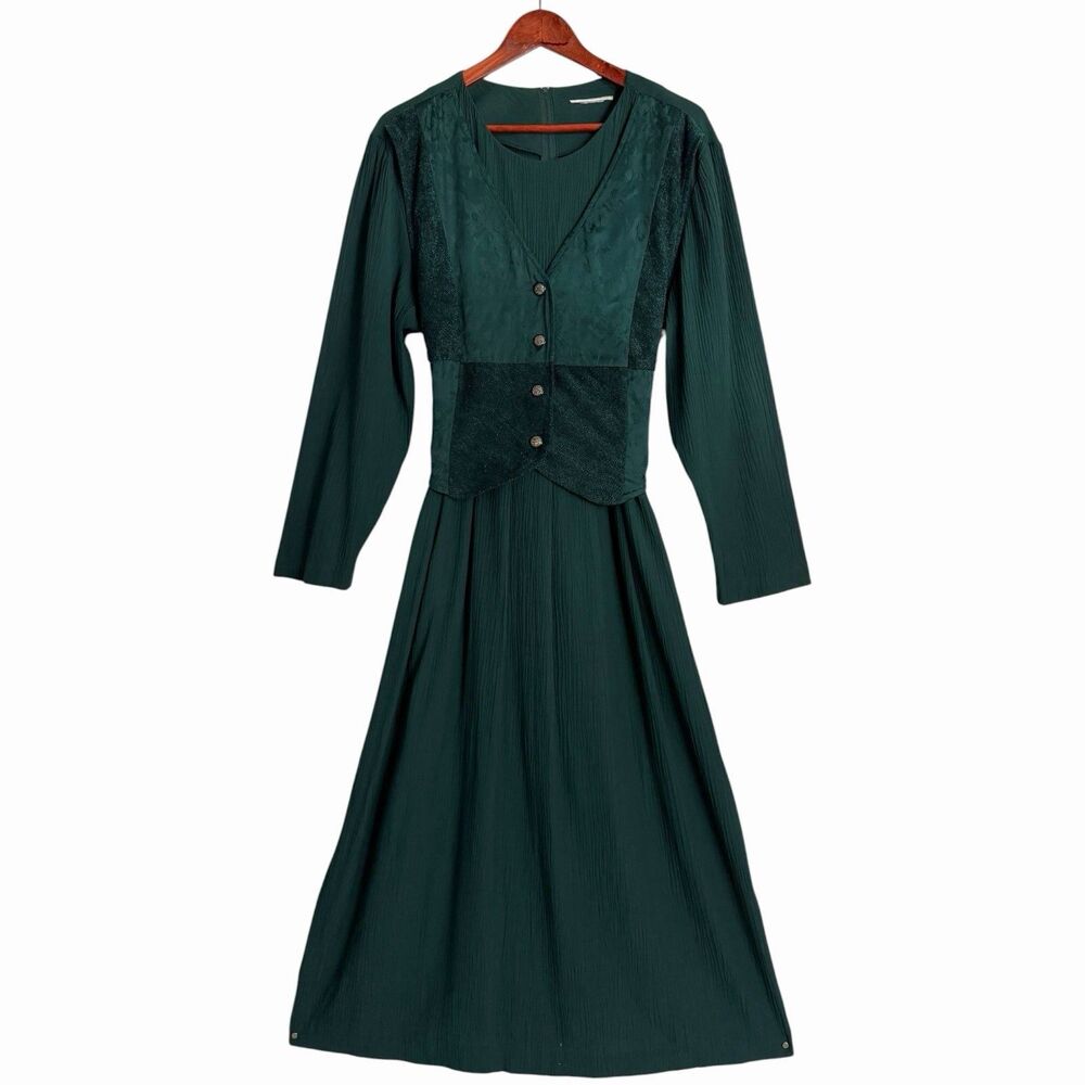 VTG 80s Miss Dorby Green Maxi Long Sleeve Dress Modest Prairie Cottagecore Sz 18